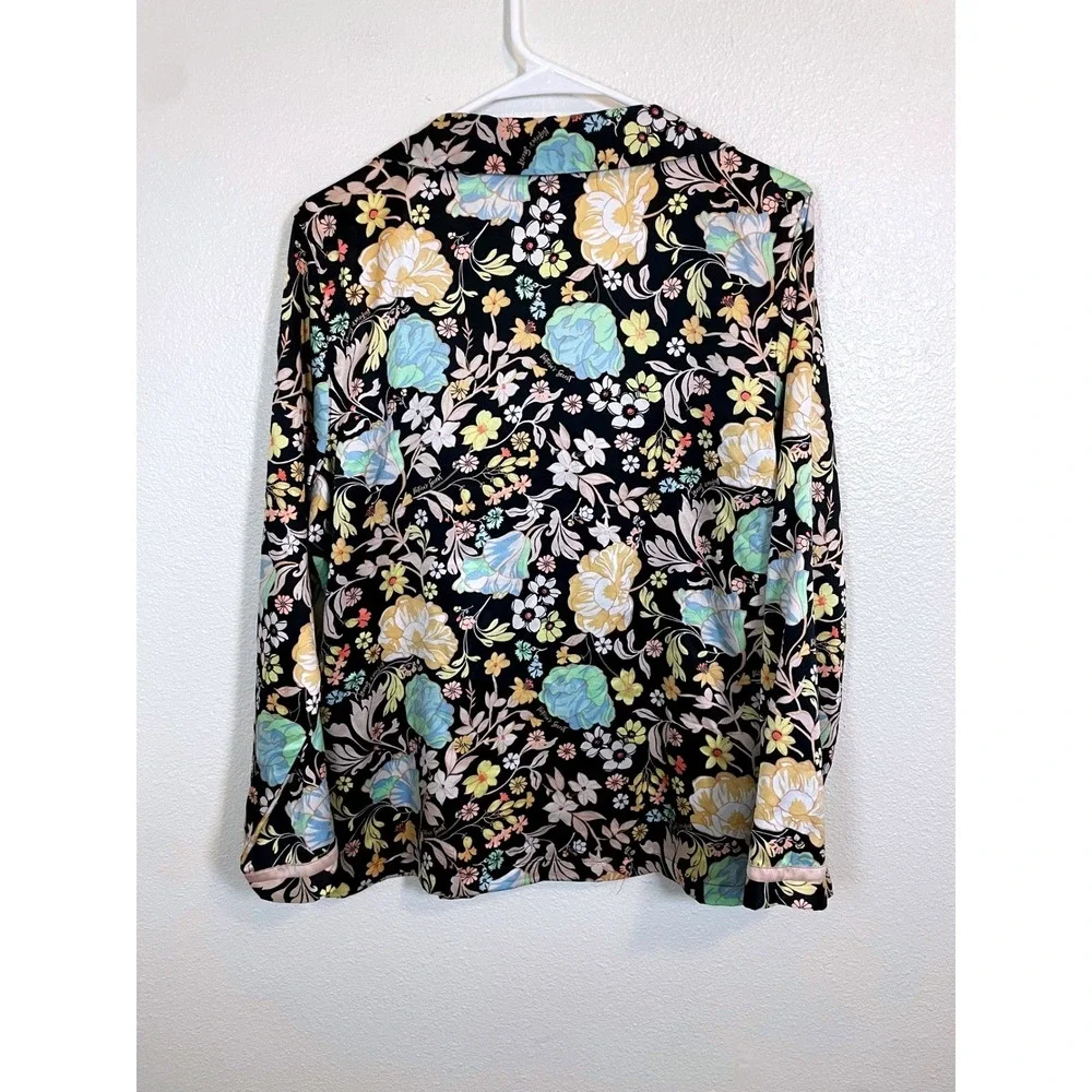 Victoria's‎ Secret Pajama Top Womens Medium Black Floral Satin Sleep Button Up
